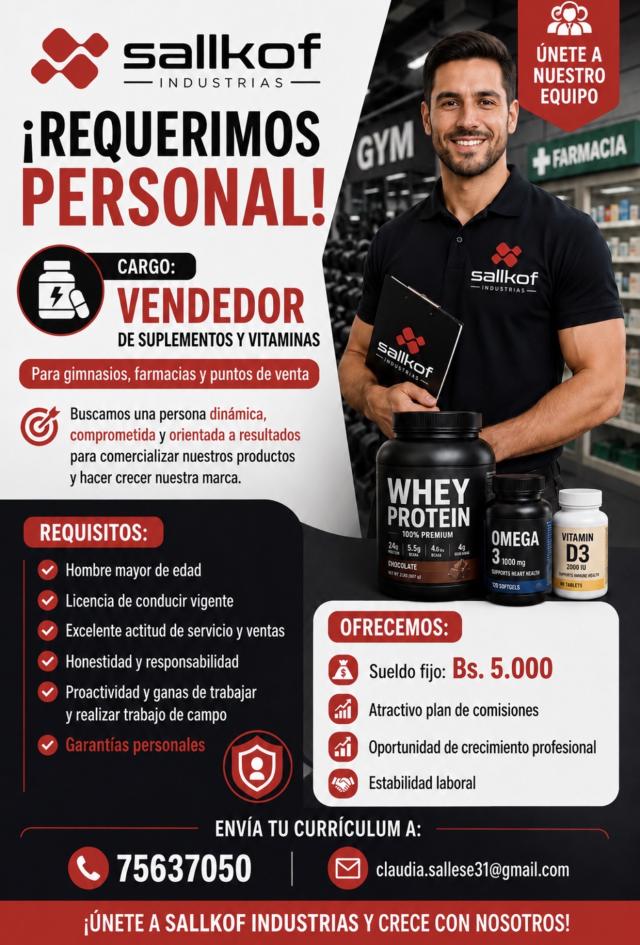 Buscamos una persona dinámica comprometida y orientada a resultados para comercial 
